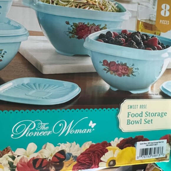 The Pioneer Woman 8pc Country Kitchen Rustic Floral Bowl Set BPA Free Teal Blue - Picture 4 of 5